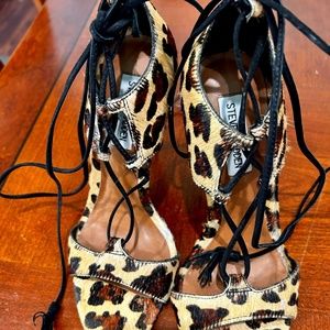 Steve Madden Leopard Ankle Strap Calf Hair Sandals